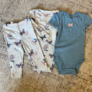 Carter's Blue and Gray Baby Bodysuit with Pink Butterfly Embroidery Bundle NWT